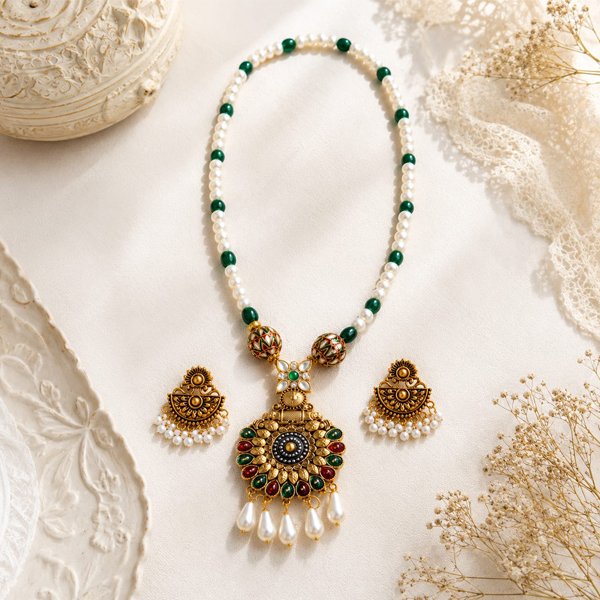 Emerald Pearl Heritage Set featuring an antique gold-finish pendant, polished irregular green decorative beads, artificial pearls, and matching earrings for traditional and festive wear.