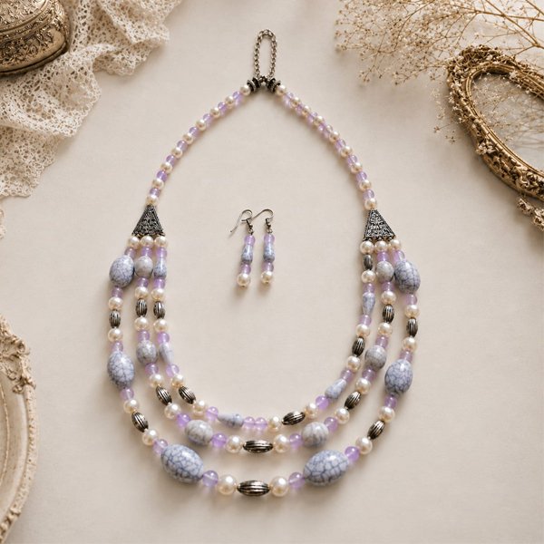 Lavender-Pearl-Grace-Set Handcrafted Lavender Pearl Grace Set featuring layered pearl beads, lavender glass beads, marbled white stone beads, antique silver-tone accents, and matching earrings on a light vintage background.
