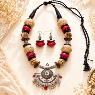 Tribal Grace Necklace Set with antique silver pendant, wooden beads, jute accents, and matching earrings, handcrafted boho ethnic jewelry for women.