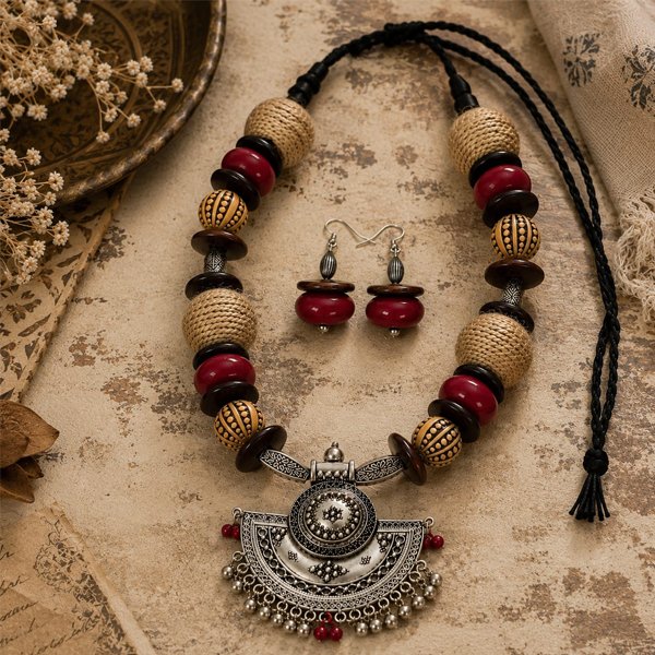 Tribal-Grace-Necklace-Set Tribal Grace Necklace Set with antique silver pendant, wooden beads, jute accents, and matching earrings, handcrafted boho ethnic jewelry for women.