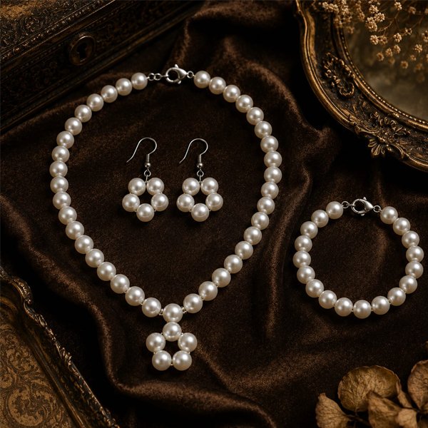 Pearl-Bloom-Necklace-Set White Pearl Bloom Necklace Set featuring a medium-length pearl necklace with a five-pearl flower centerpiece, matching pearl bracelet with lobster clasp, and hook earrings displayed on an elegant antique background.White Pearl Bloom Necklace Set featuring a medium-length pearl necklace with a five-pearl flower centerpiece, matching pearl bracelet with lobster clasp, and hook earrings displayed on an elegant antique background.