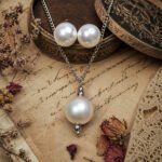 Snowdrop Pearl Pendant Set featuring a white imitation pearl pendant necklace with matching pearl stud earrings in a polished silver-tone finish, displayed on an elegant antique vintage background.