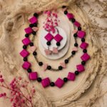 Antique Rose Stone Necklace Set with magenta and black semi-precious stone beads and matching earrings