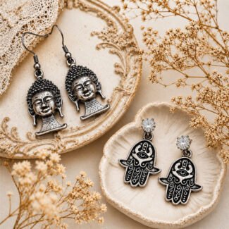Ancient Whispers combo earrings featuring antique-finish Buddha and Hamsa designs with intricate detailing, displayed on a soft vintage beige background.