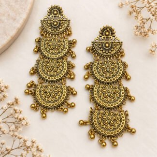 Antique oxidised gold-tone chandelier earrings with intricate floral motifs, layered filigree work, and dangling bead details.