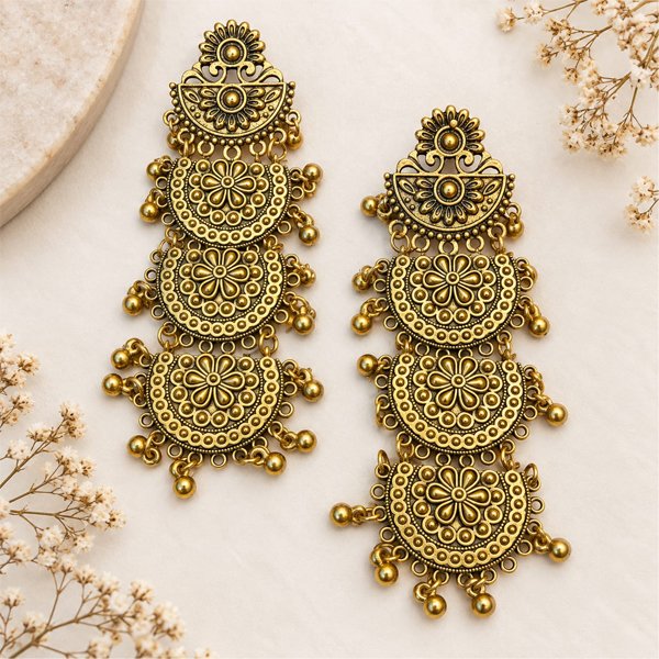Antique-oxidised-Earrings5 Antique oxidised gold-tone chandelier earrings with intricate floral motifs, layered filigree work, and dangling bead details.