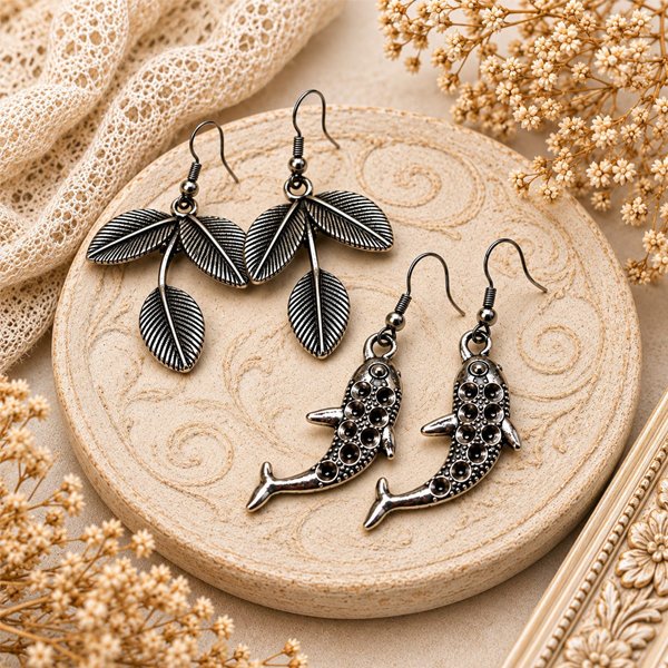 Oxidised-Nature-combo-earrings Oxidised silver Bel Patta leaf and dolphin-shaped hook earrings combo set on a vintage beige background.