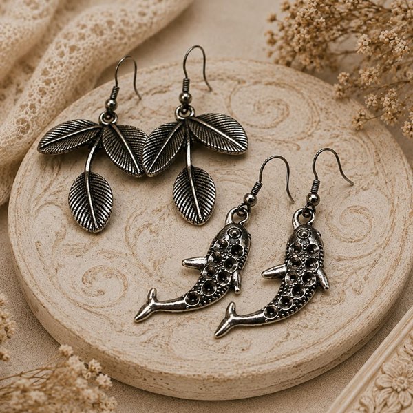 Oxidised silver Bel Patta leaf and dolphin-shaped hook earrings combo set on a vintage beige background.