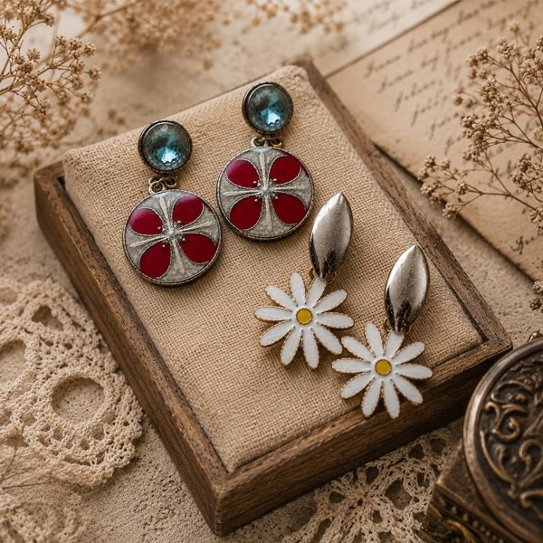 Vintage Bloom Earrings Combo featuring two unique floral earrings, one with aqua-blue stones and red enamel petals, and one with white daisy charms and yellow centers, arranged on an antique-inspired background.