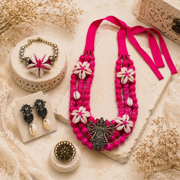 Srida Durga Blossom Set featuring a handcrafted pink beaded necklace with an antique Maa Durga pendant, matching shell bracelet, oxidized earrings, and finger ring displayed on a light vintage background.