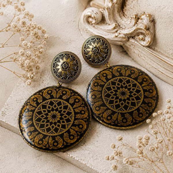 Antique Mandala Earrings with intricate gold-toned circular motifs, traditional fish patterns, and vintage detailing.