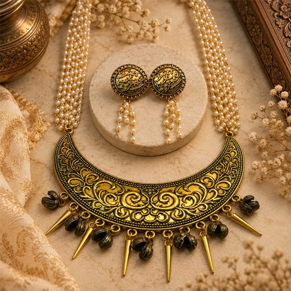Antique Moon Charm Pearl Set Antique Moon Charm Pearl Set featuring a handcrafted multi-strand pearl necklace with an antique crescent pendant and matching pearl drop earrings in a vintage-inspired design.