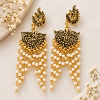 Srida antique oxidised gold pearl drop earrings with ornate peacock-inspired detailing and cascading white pearl beads.