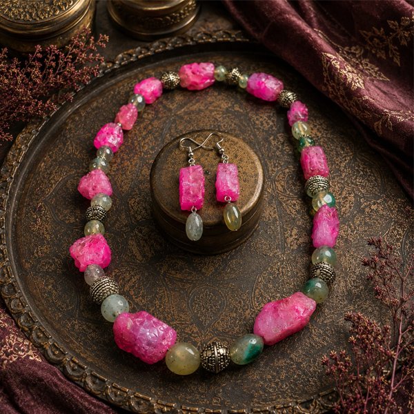 Wild Rose Semi-Precious Necklace Set featuring vibrant pink semi-precious stones, natural green gemstone beads, oxidised metal spacers, and matching drop earrings, displayed in a vintage antique setting.
