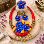 Handmade Blue Bloom Clay Necklace Set featuring glossy blue floral clay pendant, oxidised metal accents, matching earrings, and an adjustable finger ring.