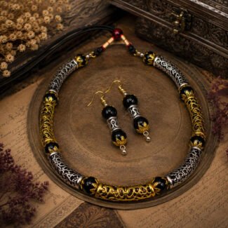 Royal Dual Tone Oxidised Choker Set with matching earrings, featuring silver and gold-tone filigree tube beads, black beads, and handcrafted vintage-inspired design.
