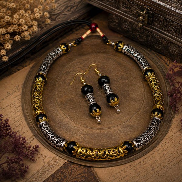 Royal Dual Tone Oxidised Choker Set with matching earrings, featuring silver and gold-tone filigree tube beads, black beads, and handcrafted vintage-inspired design.