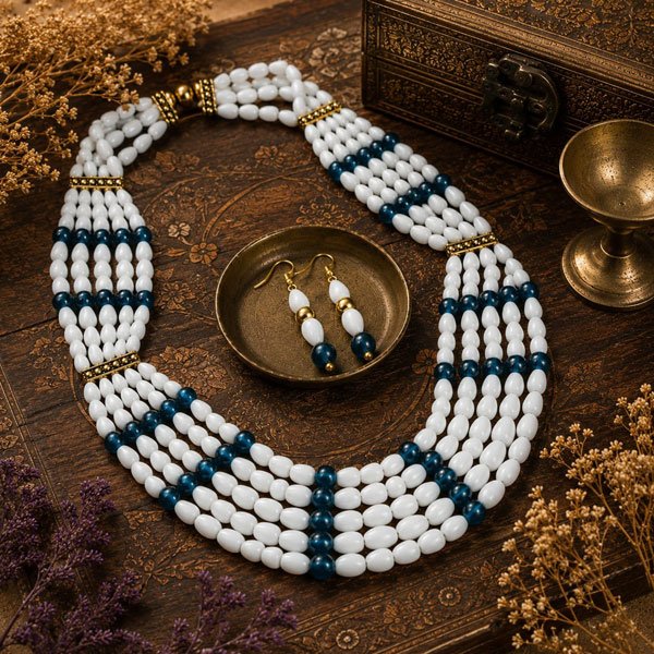 Ocean Whisper Necklace Set featuring layered white and deep blue beads with oxidised spacers and matching handcrafted earrings in a vintage-inspired design.