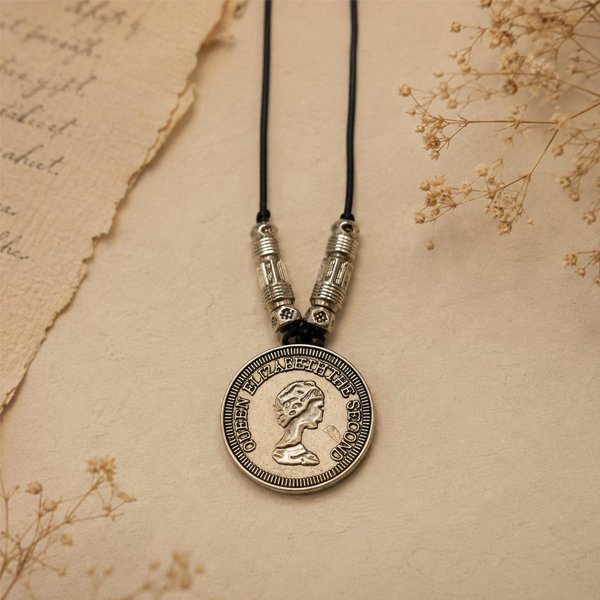 Antique-Coin-Pendant Antique Coin Pendant with Queen Elizabeth II portrait, detailed metal accents, and black cord.