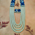 "Handmade cloth pearl indigo minimal layering necklace set, lightweight and elegant for any outfit."