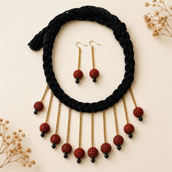 Handmade Rudraksha minimal choker necklace with an original Rudraksha bead, golden chain, and black thread tassel.