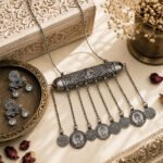 Handcrafted Antique Coin Drop Oxidised Necklace Set with matching earrings featuring intricate floral motifs and vintage coin charms in an antique silver finish.
