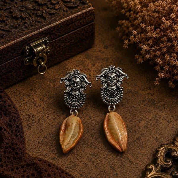 Durga Cowrie Clay Earrings Handmade Durga Cowrie Clay Earrings featuring hand-sculpted clay cowrie shells with oxidised Durga stud earrings. Lightweight, artistic, and elegant for ethnic and contemporary wear.