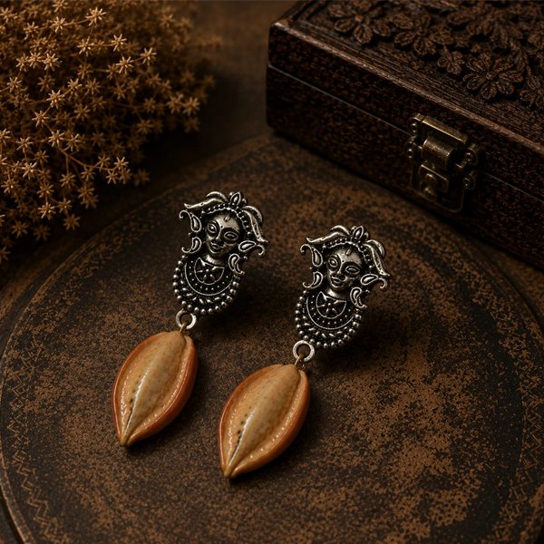 Durga Cowrie Clay Earrings Handmade Durga Cowrie Clay Earrings featuring hand-sculpted clay cowrie shells with oxidised Durga stud earrings. Lightweight, artistic, and elegant for ethnic and contemporary wear.