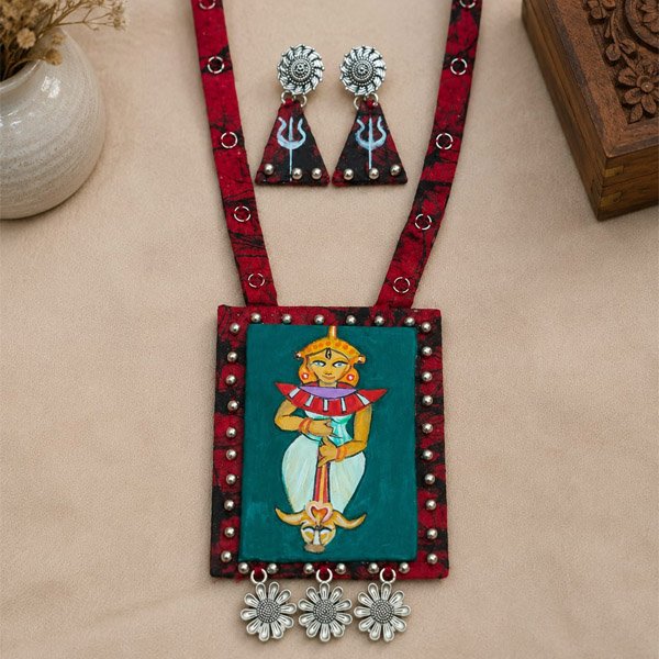 Durga Handmade Necklace, crafted on cloth using oxidised materials.