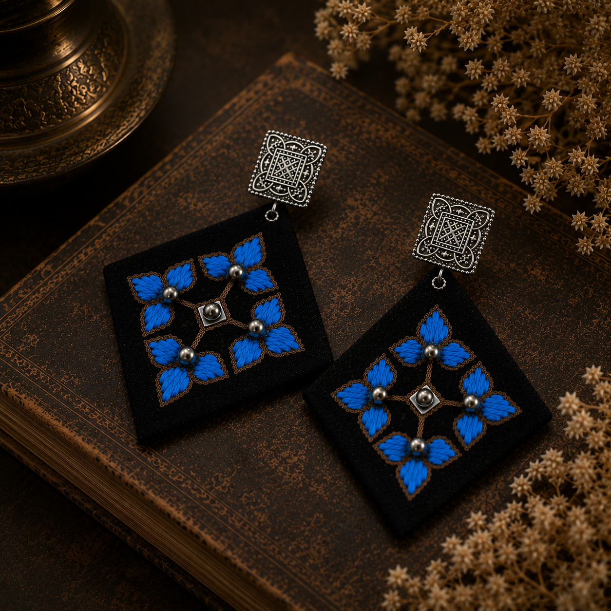 Midnight Petal Cloth Earrings 1 Handmade Midnight Petal Cloth Earrings featuring hand-stitched blue floral thread embroidery on black fabric with oxidised beads and oxidised stud earrings.