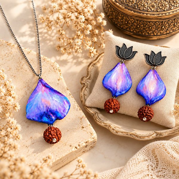 Handmade Twilight Petal Clay Pendant Set with hand-sculpted clay petals, Rudraksha bead, silver-plated chain, lotus earrings, and a glossy blue-purple finish.