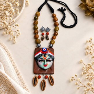Clay Devi Antique Necklace Set with handcrafted clay goddess pendant, earthy semi-precious stones and traditional charms.